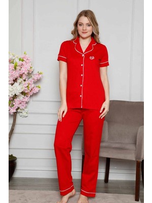 Bie's Kadın Gömlek Yaka Önden Düğmeli Beyaz Biyeli Kısa Kol Cepli Pijama Takımı