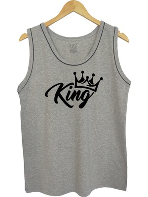 Erkek Askılı Gri Melanj T-Shirt King Dijital Baskılı