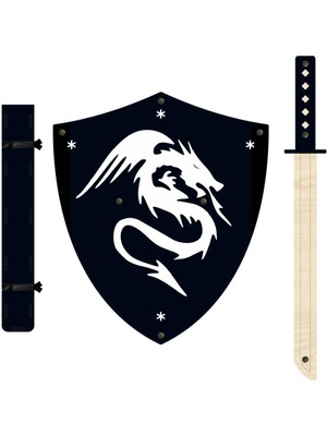Ahtek Ahşap Oyuncak Japon Samuray-Ninja Kalkanı ve Katana Kılıcı Siyah