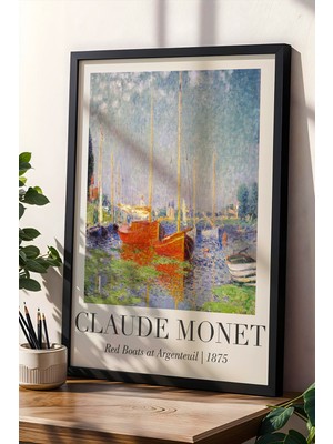 Artiera Claude Monet Argenteuil’de Kırmızı Tekneler Vintage Doğal Ahşap Çerçeveli Duvar Tablosu
