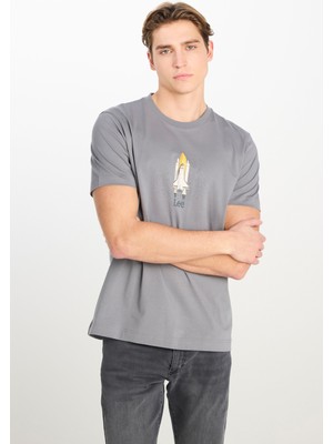 %100 Pamuk Regular Fit Normal Kesim Bisiklet Yaka Baskılı Gri Tişört