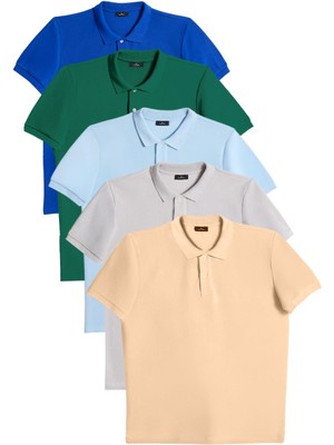 Erkek 5li Paket Saks Mavi-Zümrüt Yeşili-Mavi-Gri-Kum Beji Slim Fit Pamuklu Düz Pike Polo Yaka Tişört