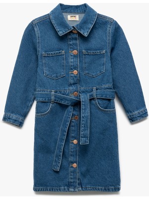 Koton Uzun Kollu Pamuklu Kuşak Detaylı Cepli Düğmeli Gömlek Yaka Denim Elbise