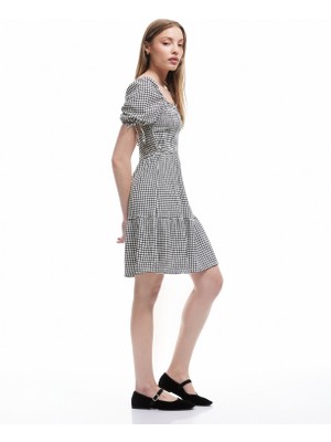 Koton Kare Yaka Katlı Balon Kollu Pötikareli Mini Elbise Bürümcük