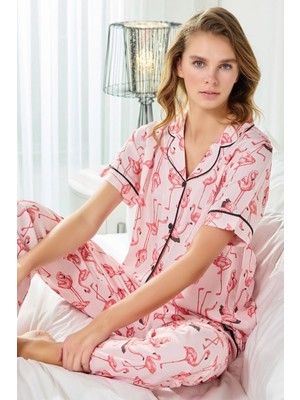 Bie's Kadın Maskülen Önden Düğmeli Gömlek Yakalı Pamuk Saten Dokuma Göğüs Cepli Kısa Kol Pijama Takımı