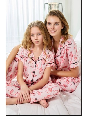 Bie's Kız Çocuk Maskülen Önden Düğmeli Gömlek Yakalı Pamuk Saten Dokuma Kısa Kol Pijama Takımı