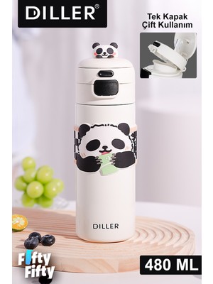 Vagonlife DILLER 480 ML Tek Kapak Çift Kullanım Pipetli/Pipetsiz Taşıma Kulplu Vacum Cup/Çelik Termos -FFD9240