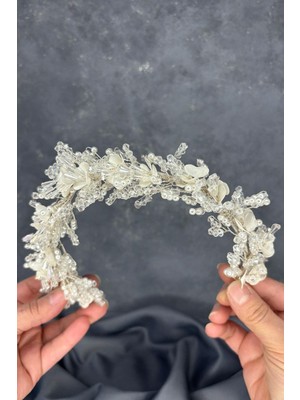 Detra Yoğun Işlemeli Sedefli Kristalli Gelin Tacı Saç Aksesuarı