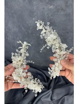 Verdage Yoğun Işlemeli Sedefli Kristalli 2 Li Gelin Tacı Saç Aksesuarı