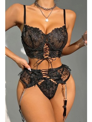 New Dreams Siyah Dantel Zincir Detaylı Korseli Fantazi kadın Seksi iç giyim, Transparan Premium Set