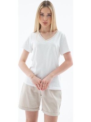 Fashion Friends 25Y0478K1 Kadın V Yaka T-Shirt