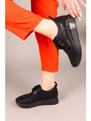 Fluff Lazerli Taşlı Bağcıklı Sneakers Siyah