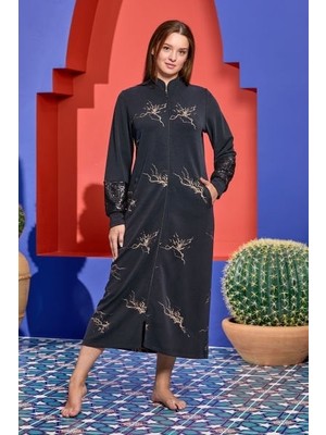 Cossy By Aqua 25389 Kadın Antrasit Desenli Fermuarlı Uzun Kışlık Büyük Beden Ev Elbisesi