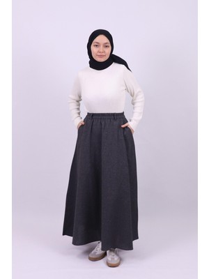 24073 Pamuklu Kumaş Cepli Beli Lastikli Çan Etek Füme