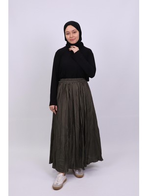 25019 Kadın Crush Pliseli Etek Haki