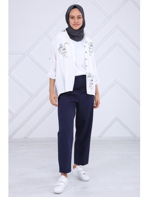 Kadın Lacivert Beli Lastikli Pileli Pantolon 5272