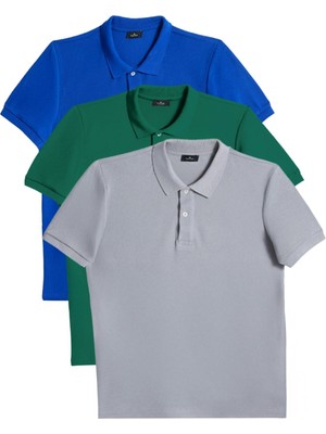 Erkek 3'lü Paket Saks Mavi-Zümrüt Yeşili-Gri Slim Fit Dar Kesim Pamuklu Düz Pike Polo Yaka Tişört