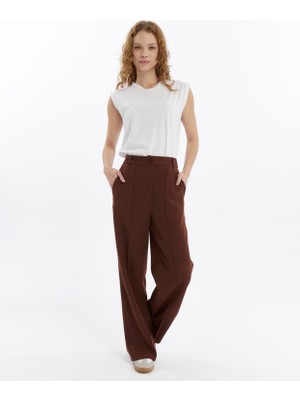 25010 Kadın Double Krep Çima Dikiş Detaylı Cepli Palazzo Pantolon Kahverengi