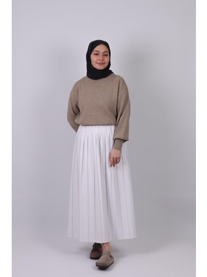 25011 Double Krep Pliseli Etek Beyaz
