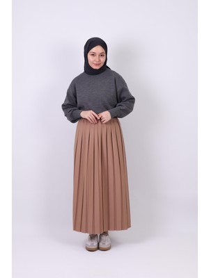 25011 Double Krep Pliseli Etek Vizon