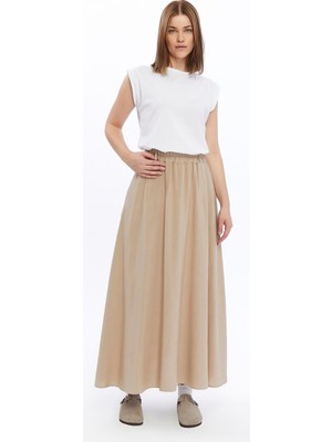 24073 Pamuklu Kumaş Cepli Beli Lastikli Çan Etek Vizon