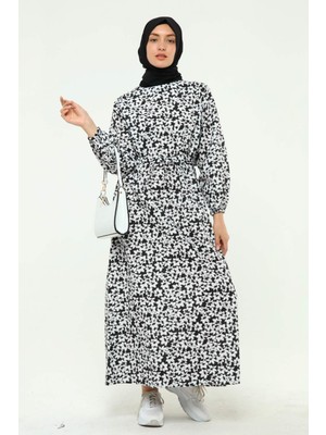 Kadın Çiçek Desenli Kemerli Kolu Büzgülü Yazlık Tesettür Elbise 5409