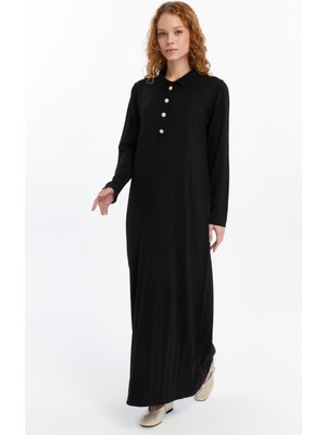 25006 Kadın Gömlek Yaka Detaylı Yarım Patlı Ince Mevsimlik Soğuk Iplik Triko Elbise Siyah