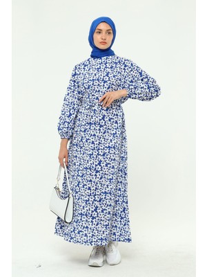 Kadın Çiçek Desenli Kemerli Kolu Büzgülü Yazlık Tesettür Elbise 5409