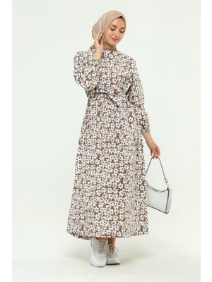 Kadın Çiçek Desenli Kemerli Kolu Büzgülü Yazlık Tesettür Elbise 5409