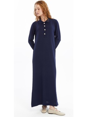 25006 Kadın Gömlek Yaka Detaylı Yarım Patlı Ince Mevsimlik Soğuk Iplik Triko Elbise Lacivert