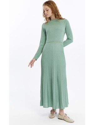25004 Kadın Eteği Pliseli Fitilli Ince Mevsimlik Soğuk Iplik Triko Elbise Çağla Yeşili