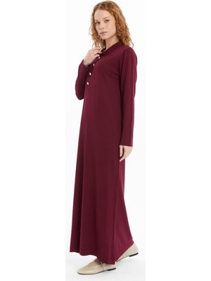 25006 Kadın Gömlek Yaka Detaylı Yarım Patlı Ince Mevsimlik Soğuk Iplik Triko Elbise Bordo