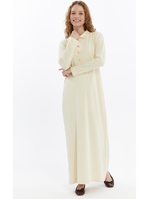 25006 Kadın Gömlek Yaka Detaylı Yarım Patlı Ince Mevsimlik Soğuk Iplik Triko Elbise Ekru