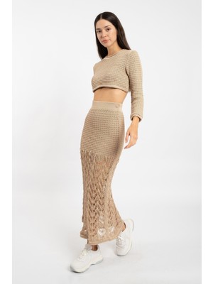 Rtd&vld Kadın Crop File Triko Kazak Ajurlu Etek Takım Bej