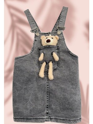 Ayıcıklı Kot Etek Slopet Açık Siyah Kız Slopet