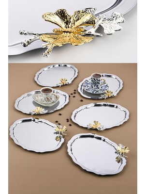 6 Adet Oval Kelebek Aksesuarlı Kahve-Çay Servis ve Sunum Tepsisi 25 cm x 20 cm