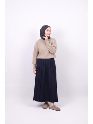 25011 Kadın Double Krep Kumaş Pliseli Etek Lacivert