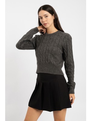 Rtd&vld Kadın VITA-170 Karın Bisiklet Yaka Örgü Desen Triko Kazak Gri