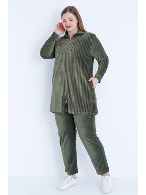 Intensive Collection Kadın Büyük Beden Çizgi Desenli Uzun Kollu Fermuarlı Cepli Pamuklu Kadife Alt Üst Takım