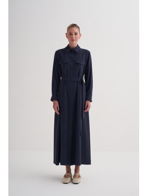  Zesyna Lacivert Cep Detaylı Kemerli Rahat Kesim Elbise