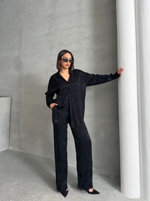 Kadın Leopar Desenli Oversize Saten Takım
