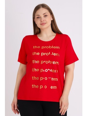 Intensive Collection Kırmızı Kısa Kollu Baskılı Kadın Büyük Beden Rahat Kalıp T-Shirt