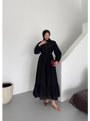 Taş Düğme Detaylı Tam Boy Astarlı Maria Tasarım Tesettür Elbise