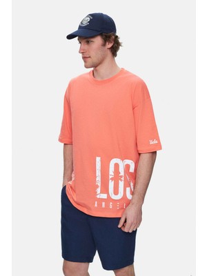Ucla IGNISO Sıcak Pembe Bisiklet Yaka Baskılı %100 Pamuk Oversize  Erkek Tshirt