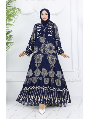 Sefa Merve Alaçatı Desenli Yarım Düğmeli Viskon Elbise 0040-02 Lacivert
