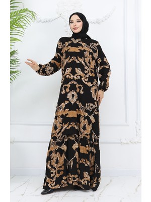 Sefa Merve Viskon Kumaş Kolu Lastikli Desenli Elbise 2018-02 Siyah