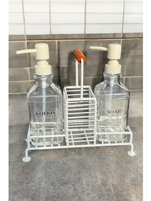 Kulplu Standlı 2'li Cam Sabunluk Seti Metal Bej