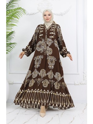 Sefa Merve Alaçatı Desenli Yarım Düğmeli Viskon Elbise 0040-04 Kahverengi