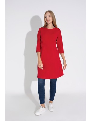 Kadın Kırmızı Renkli Bol Kesim Bisiklet Yaka Truvakar Kol Tunik T-402