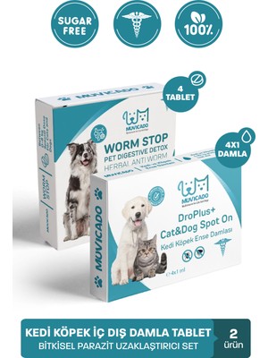 Kedi Köpek İç Dış Parazit Damlası ve Tableti Seti - Parazit Uzaklaştırıcı Bitkisel Damla - Ödül Tablet Seti - Bit Pire Giderici Damla ( 4 İç Parazit + 4 Dış Parazit )